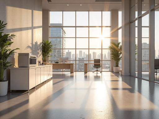 公司办公环境，现代化会议室，绿色植物装饰，阳光透过大窗户照射进来，营造出温馨舒适的办公氛围