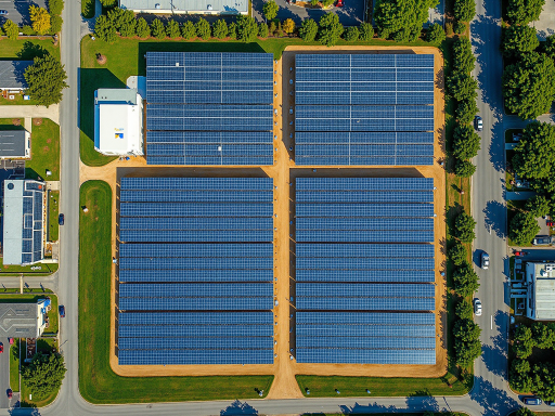太阳能发电站全景，整齐排列的太阳能板在阳光下闪闪发光，周围绿植环绕，展现清洁能源与自然和谐共存
