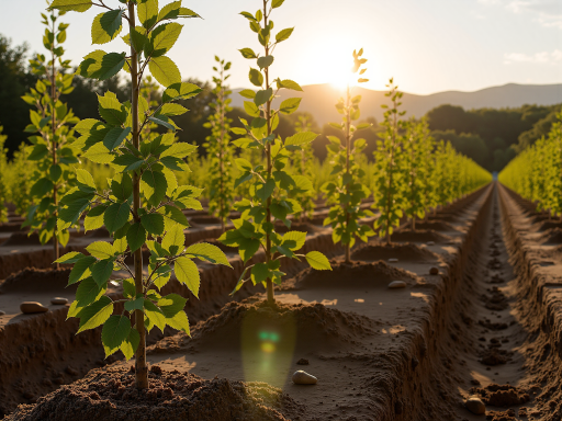 森林植被恢复项目，新种植的树木郁郁葱葱，展现生态修复后的绿色景观